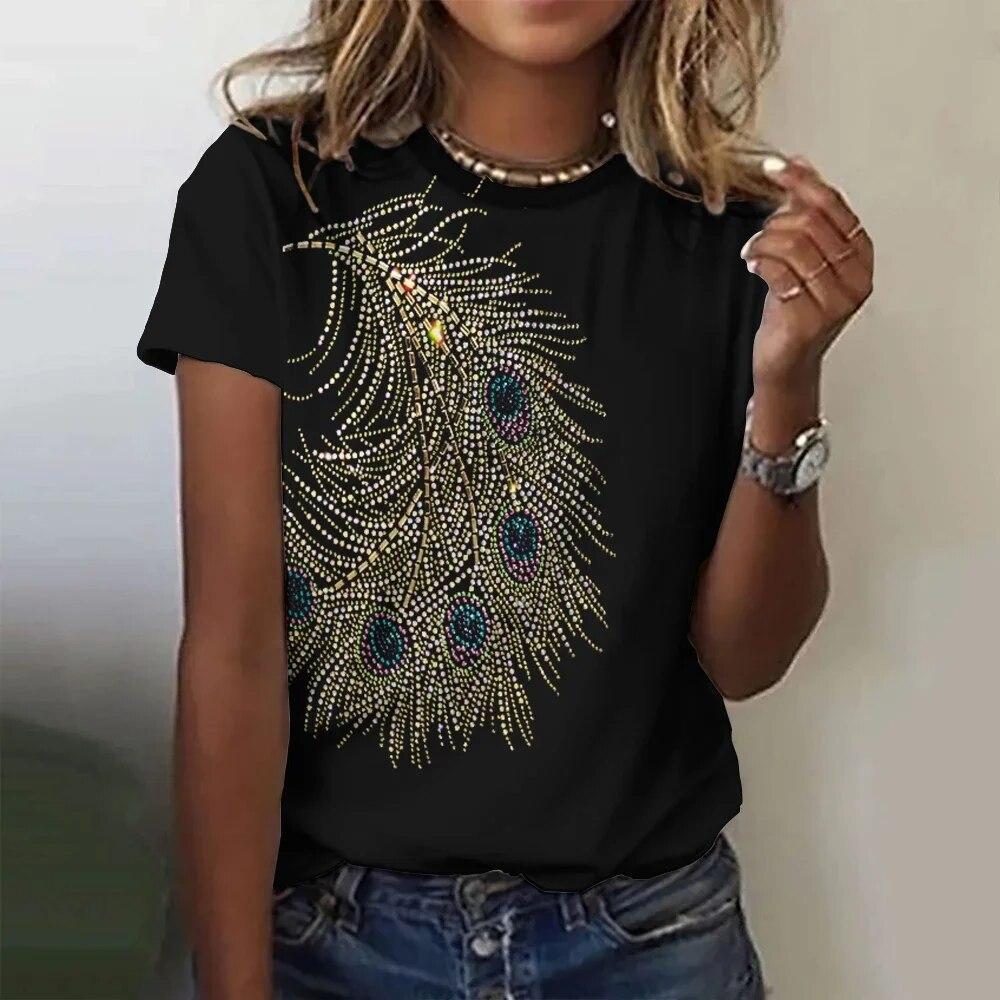 Винтажная футболка с 3D принтом перьев для женщин, женская одежда в стиле Харадзюку, повседневный пуловер с круглым вырезом, летние свободные футболки с короткими рукавами, повседневные топы