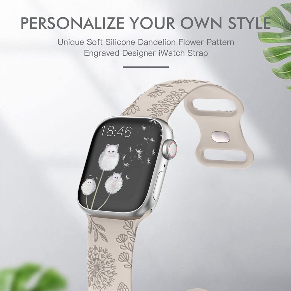 Floral Engraved Band for Apple Watch 41/40/38/42/45/49 Dandelion Flower Pattern Silicone Strap for IWatch 8/7/6/5/4/3/SE
