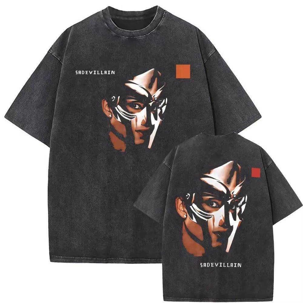 Винтажная стираная оверсайз футболка с графическим принтом MF Doom для фанатов хип-хопа