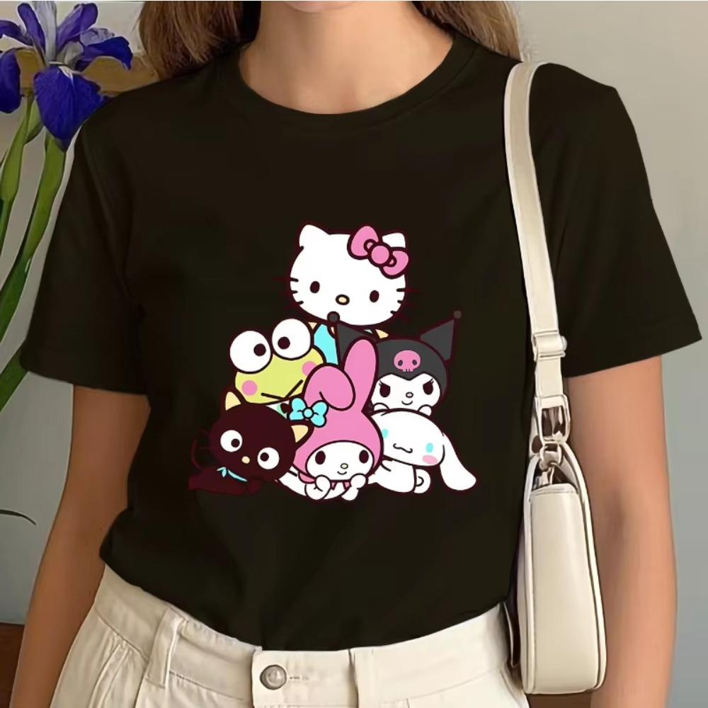 Hello Kitty and Friends Pattern Tshirt Round Neck Short Sleeved Design with Keroppi Cinnamoroll Fashion Womens Clothing