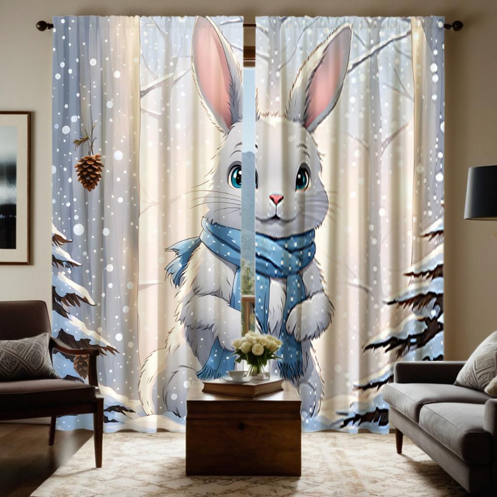 2 Pieces of HD Rabbit Curtain In the Snow White Tie Digital Printed Curtain Home Decoration Style Decoration Living Room Bedroom