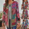O-neck Long Sleeve Open Stitch Pockets Cardigan Coat Women Autumn Ethnic Style Retro Print Outerwear