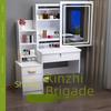 LED Light Bedroom Dresser and Stool Set with Sliding Mirror and Storage