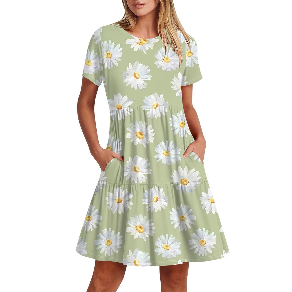Женское повседневное модное платье-миди с круглым вырезом и коротким рукавом с принтом и карманом