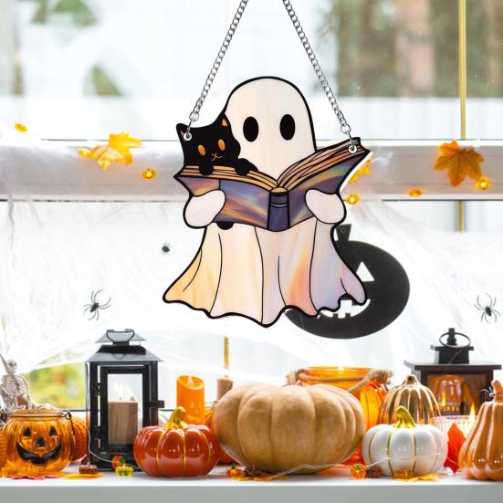Хэллоуин Милый Призрак Ловец Солнца Витражный Стиль Акриловый Подвесной Декор для Окна Призрак Ловец Света для Украшения Окна Стены
