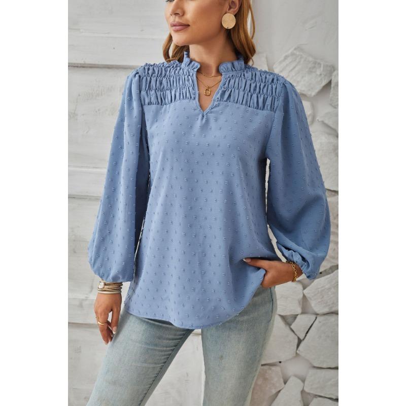 Весенне-осенняя женская плиссированная жаккардовая рубашка с длинным рукавом с v-образным вырезом