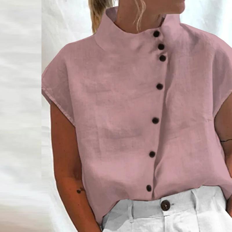 Необычная хлопковая блузка на пуговицах, белый топ, зеленый, черный, воротник-стойка, повседневная рубашка для женщин, рубашки с коротким рукавом