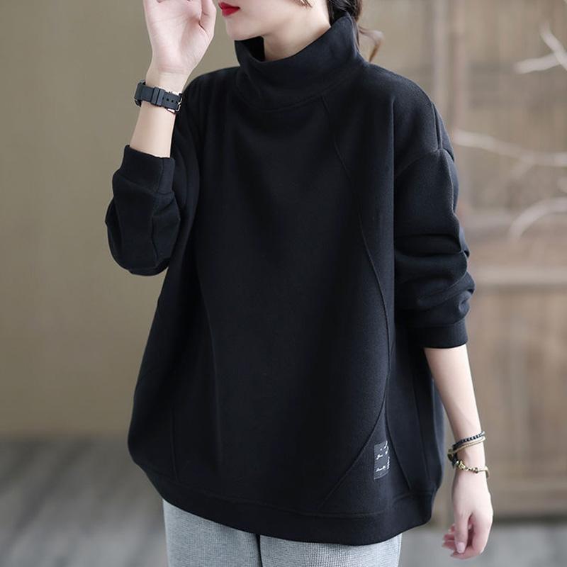 Свитшот для женщин, хлопковая свободная футболка большого размера с длинным рукавом, флисовая утолщенная удобная повседневная кофта с высоким воротом