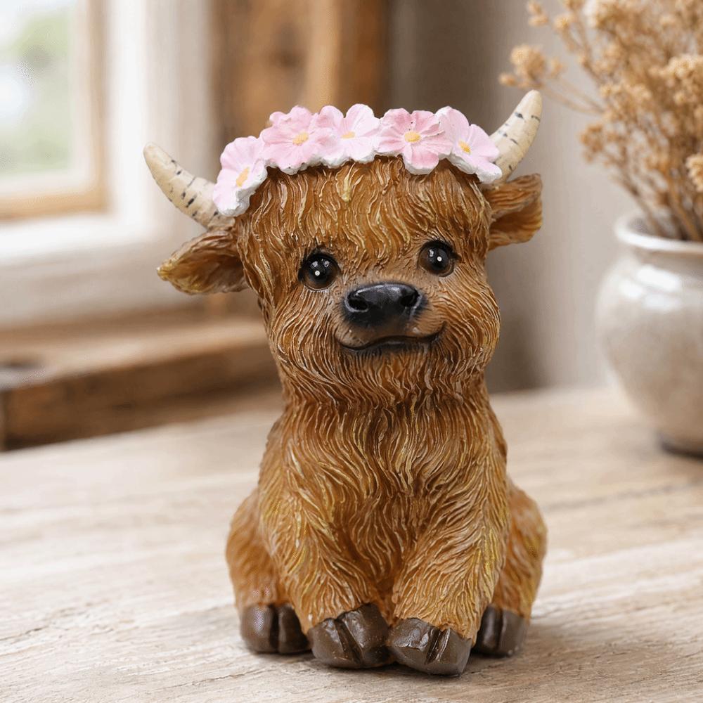 3.15x4.72in Floral Crown Cattle Resin Tabletop Figurine