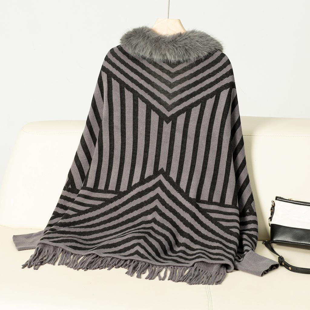 Women's Autumn and Winter Large-size Shawls Fashionable Striped Knitted Wool Collar Cardigan Loose Sweater Cape 5 Colors