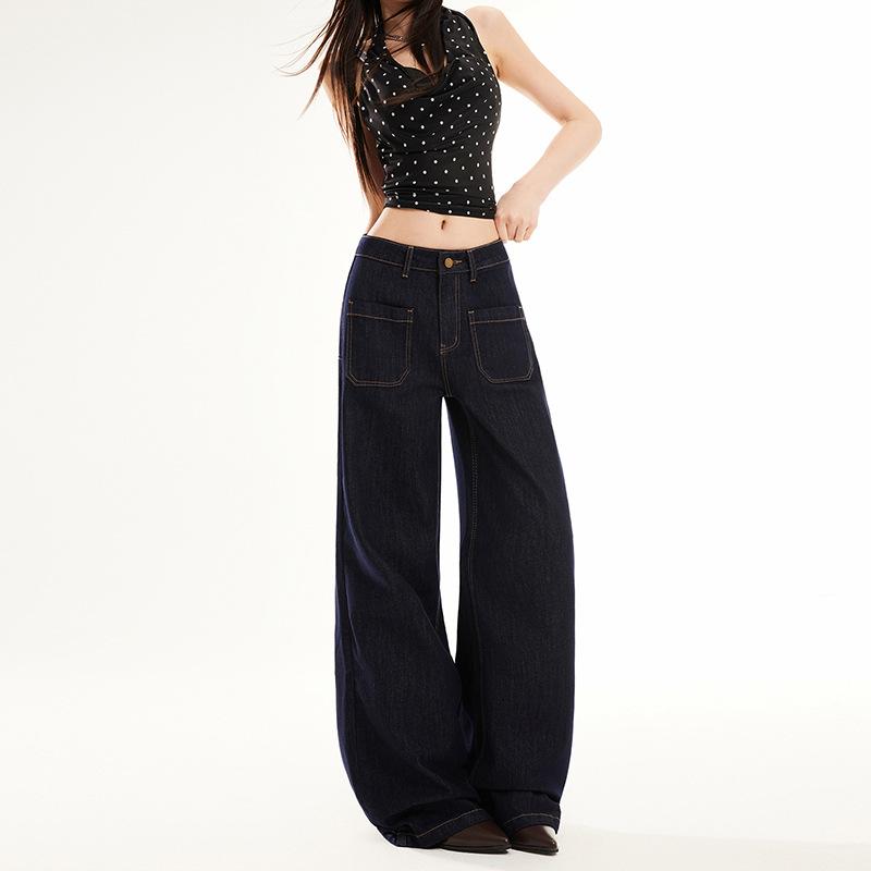 American dark blue micro-pull jeans women's spring new high-waisted loose-fitting wide-leg thin flared pants