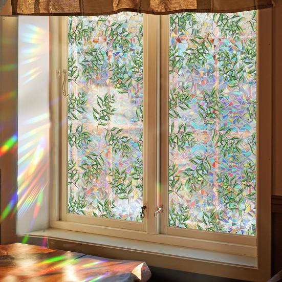 Iridescent Window Film Green Leaf Flower Pattern Non-Adhesive Glass Sticker Reusable Privacy Film