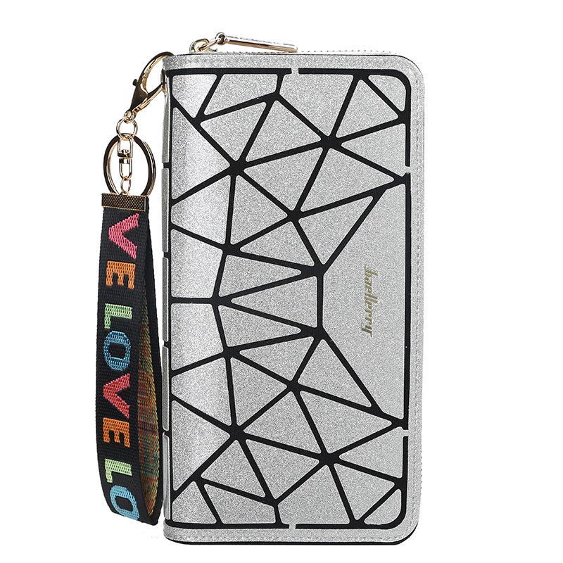Women's Fashion Shiny Long Wallet with Lanyard Pu Leather Clutch Bag Zipper Cell Phone Bag Ladies Multi-card Coin Purse