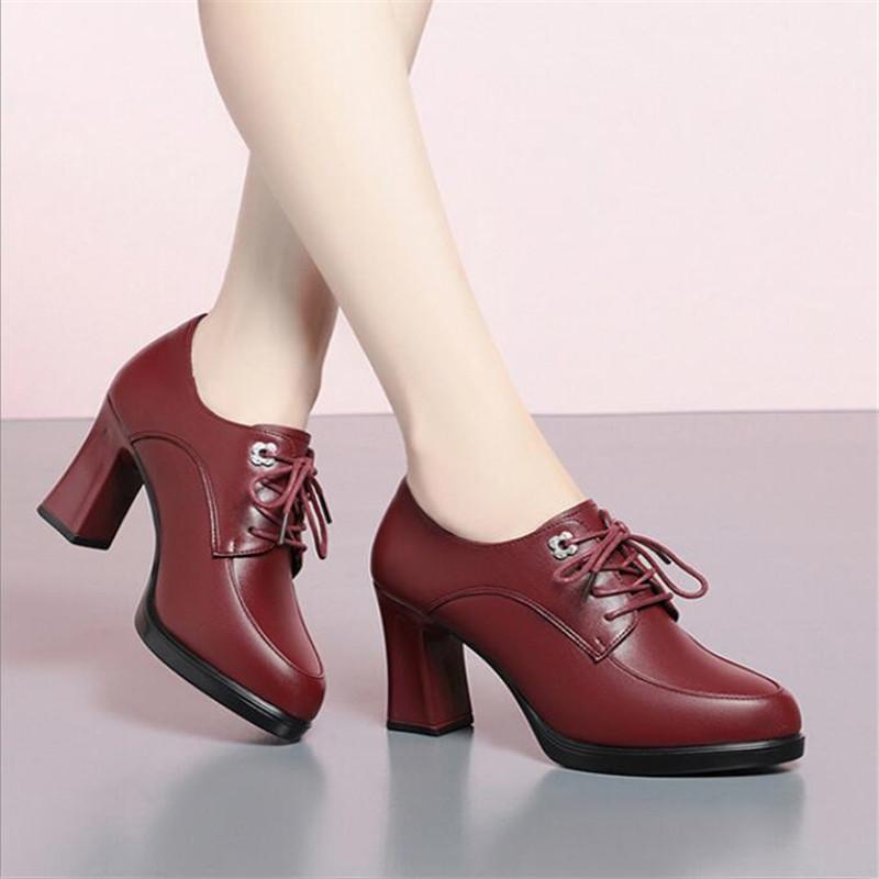Fashion Spring Autumn Women's Pumps Fashion Deep Mouth Pumps Shoes Woman Genuine Leather Lace Up Single Shoes Mother High Heels Shoes