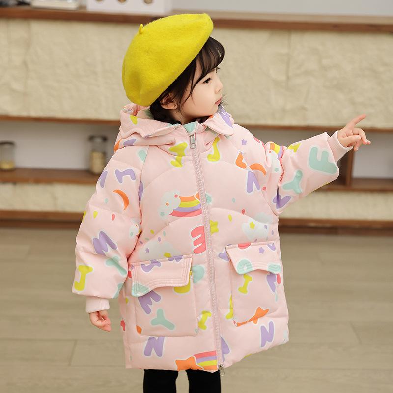 Детская пуховая куртка для девочек средней длины, новый стиль, утепленное стильное пальто для маленьких и средних детей