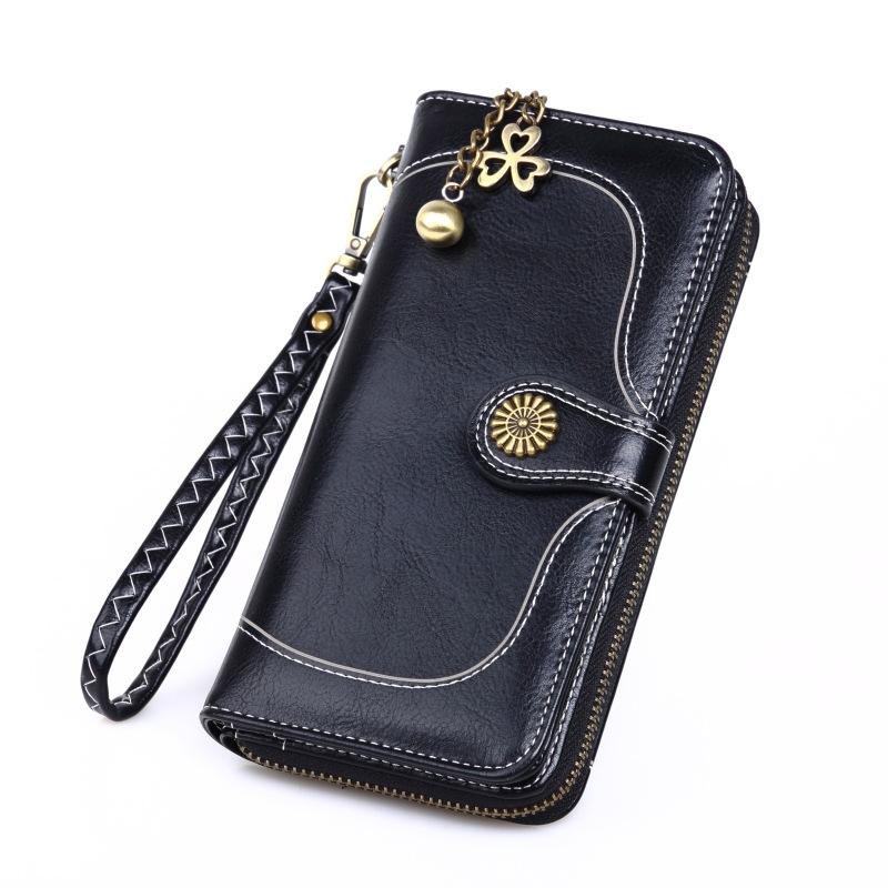 Fashionable New Oil Leather Coin Purse Women's Long Zipper Mobile Phone Bag Card Bag Retro Large Banknote Clip Handbag Y178
