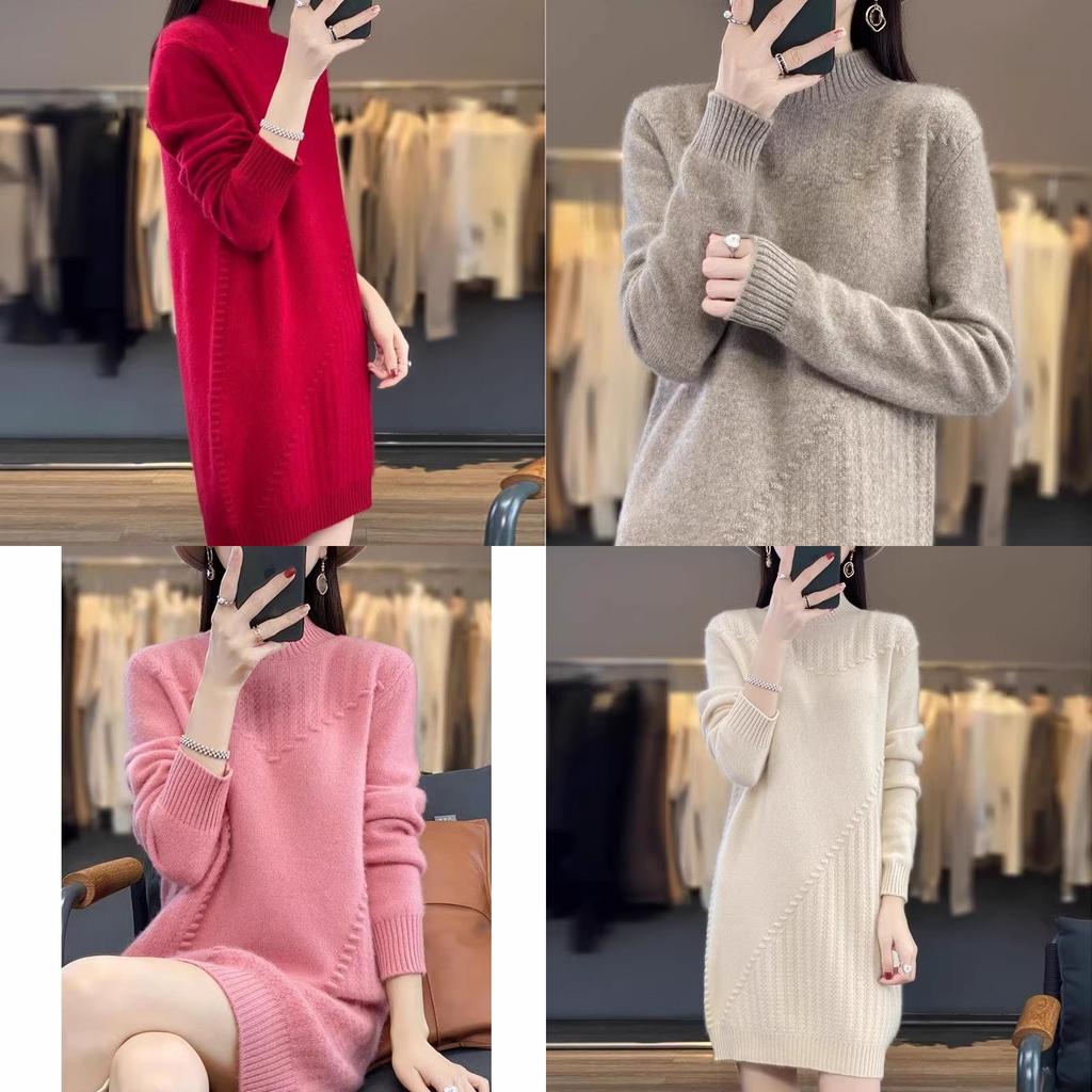 Wool Blend Sweater Dress For Women With Half High Neck Long Sleeves For Fall Winter Warmth