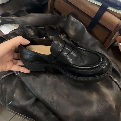 Версия из коровьей кожи ретро платформа кожаные лоферы женские британский ветер стирка старый толстый каблук один педаль ленивые маленькие кожаные туфли