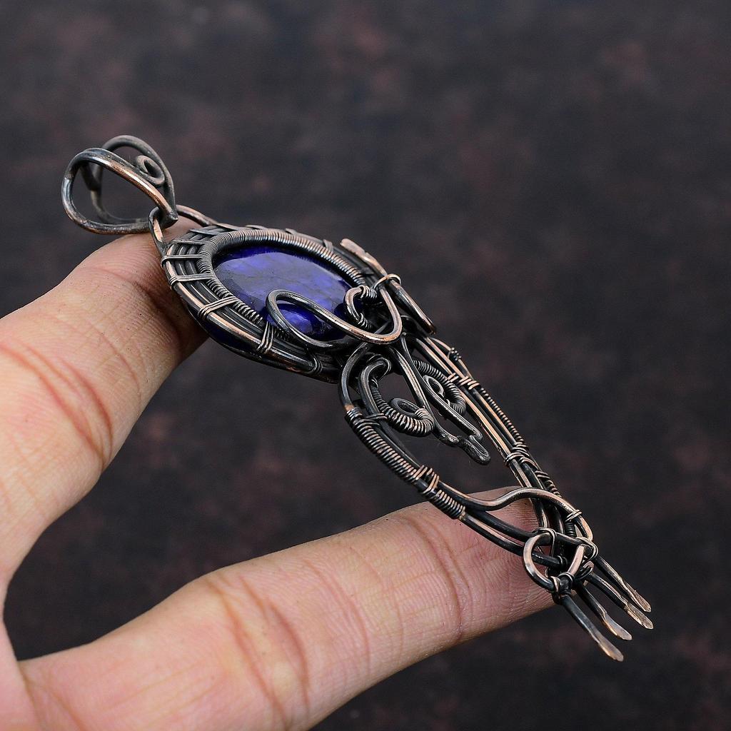 Faceted Blue Sapphire Pendant Copper Wire Wrapped Pendant Gemstone Pendant Handmade Copper Jewelry Designer Pendant Antique Jewelry For Gift
