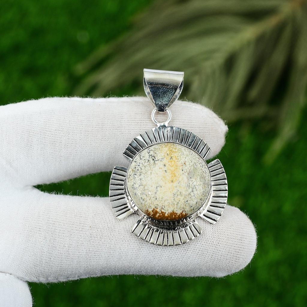 Кулон из стерлингового серебра с круглым камнем яшмы пикассо в безеле, модное женское украшение