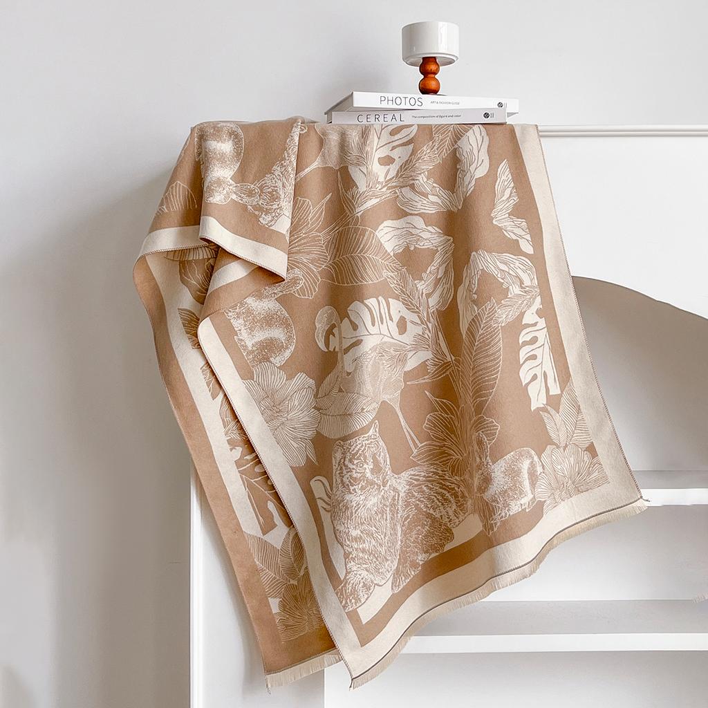 Luxury Leaf Print Scarf for Women Warmer Winter Imitation Cashmere Pashmina Scarves Shawls Female Thick Blanket Wraps Foul