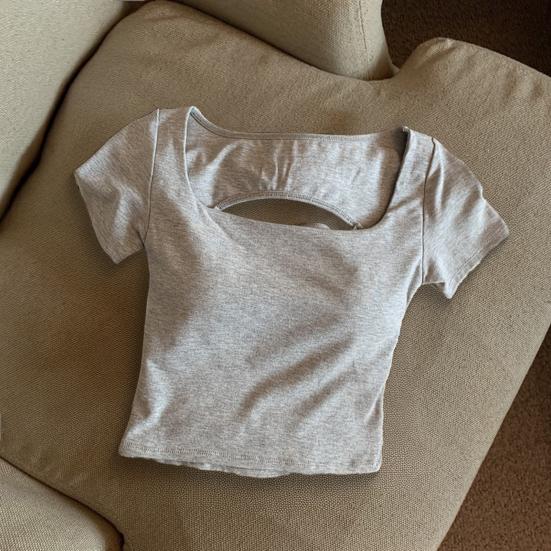 Женская футболка с квадратным воротником и коротким рукавом, с вырезом на спине, однотонная облегающая укороченная футболка, повседневная одежда