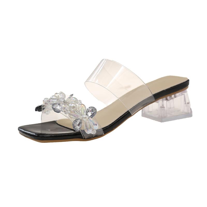 Модные крутые шлепанцы на высоком каблуке женские 2025 весна для улицы новые инкрустированные кристаллами бриллиантами с прозрачными крутыми шлепанцами