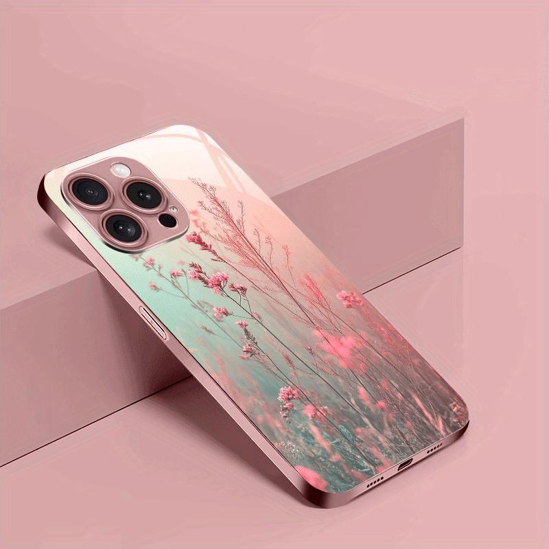 Элегантный розовый цветочный узор Розовый металлический цвет Стеклянный чехол для телефона Для iPhone 17 16 15 14 13 12 11 Pro Max Plus 16E 17Air Чехол