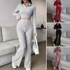 2 Pcs/Set Women Spring Commuting Outfit Top Flared Pants Set Zipper Closure Thread Stand Collar Coat High Waist Sport Tracksuit Elastic Daily Clothes