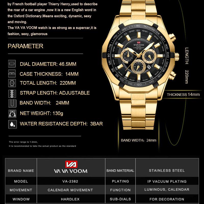 VA VA VOOM Кварцевые часы Студенческий календарь Мужские водонепроницаемые часы с ремешком из нержавеющей стали 24 часа в сутки Часы с хронографом