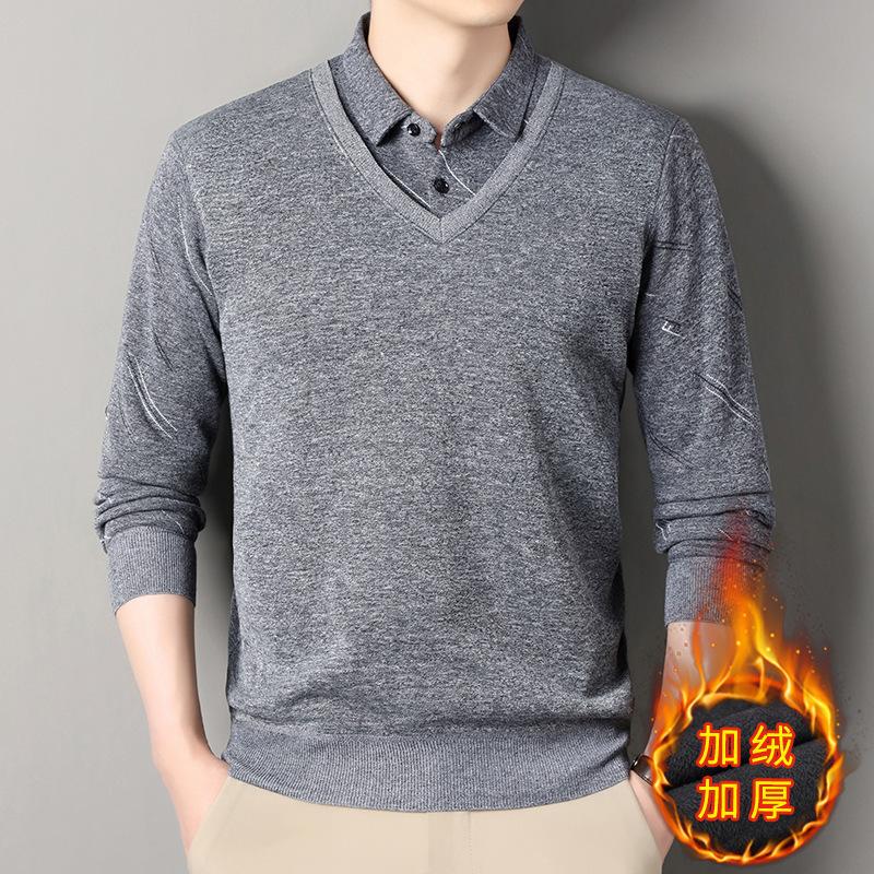 Новый осенне-зимний мужской свитер, утолщенный свитер-обманка из двух частей, теплая рубашка с воротником, повседневный универсальный базовый свитер