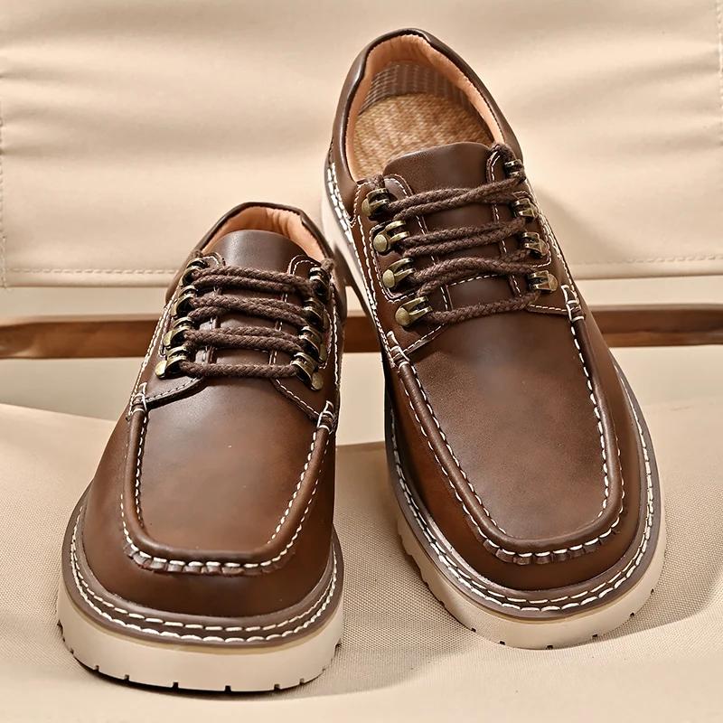 Мужская повседневная обувь из натуральной кожи, высококачественные туфли на шнуровке, в английском стиле, с большой головкой, на нескользящей платформе, в деловом стиле