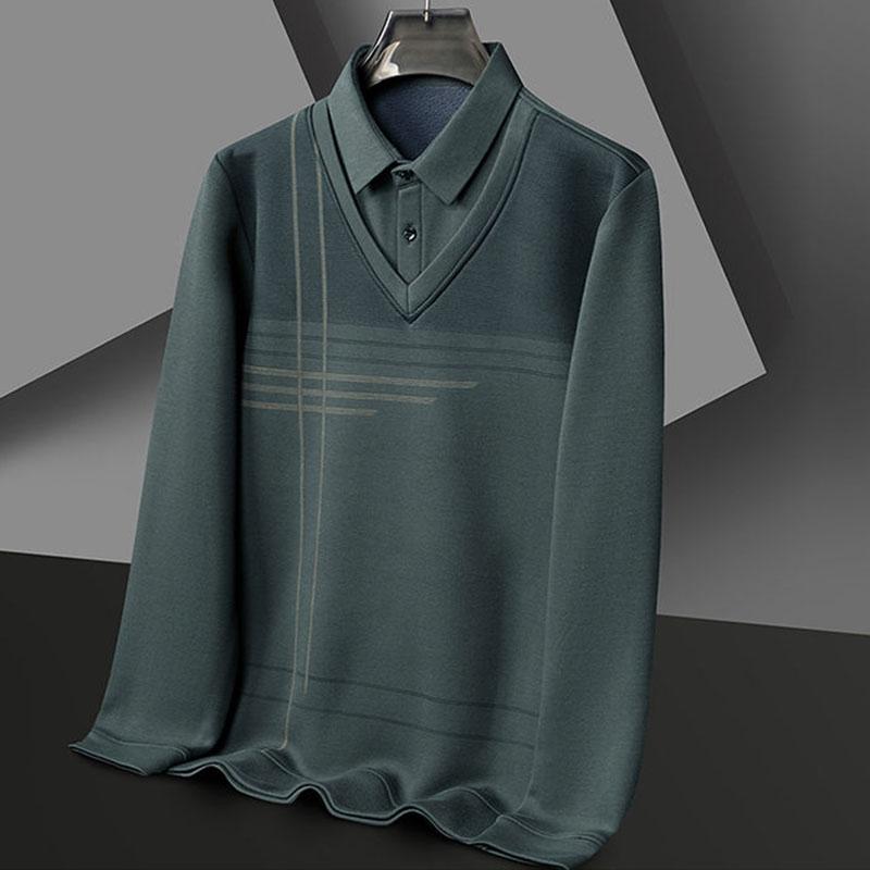 Зимние поло с отложным воротником, имитация двойки, плюс флис, утолщенные, повседневные, из чистого хлопка, пэчворк, контрастные по цвету топы