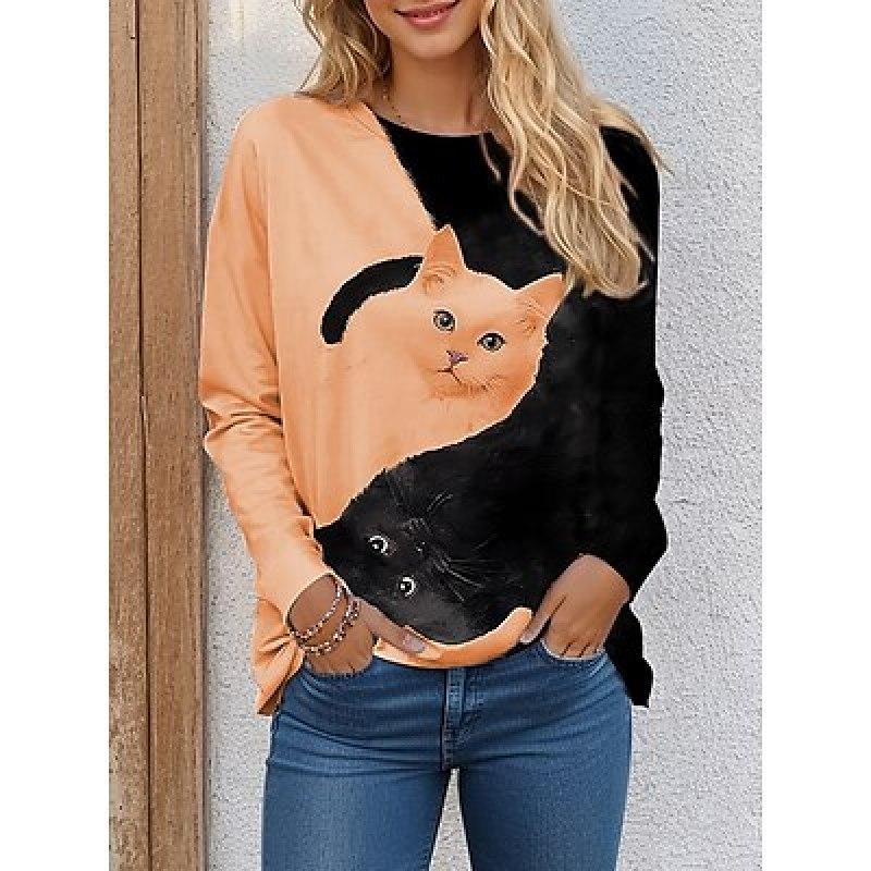 Жен. Футболка Футболка Сердце День святого Валентина Валентина Выходные Черный Лиловый Серый С принтом Длинный рукав Мода Круглый вырез Обычный крой Весна и осень