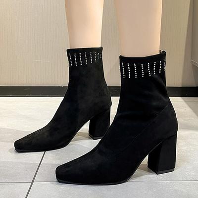 Мода 2024 Зима Новые женские хрустальные толстые роскошные ботильоны Дизайнерские туфли на высоком каблуке с квадратным носком на молнии