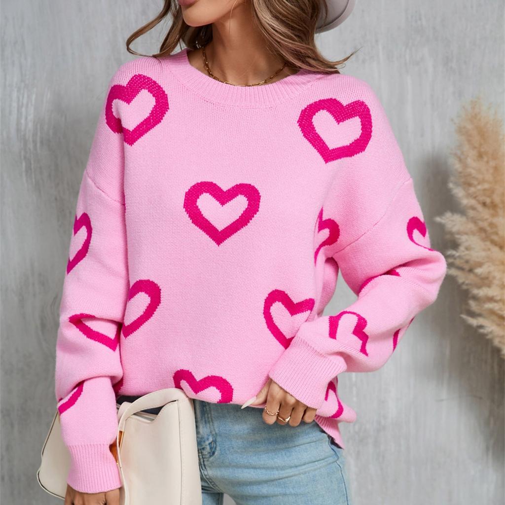 Women's Loose Casual Fashion Round Neck Heart Sweater Knitted Bottoming Shirt Sweater
