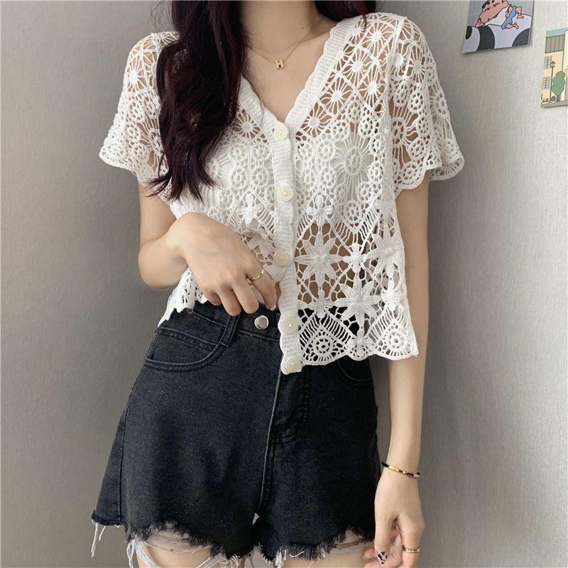 Ажурный вязаный кардиган с короткими рукавами, кружевной, тонкий, шаль, верхняя одежда, летняя мода, женский, приталенный топ