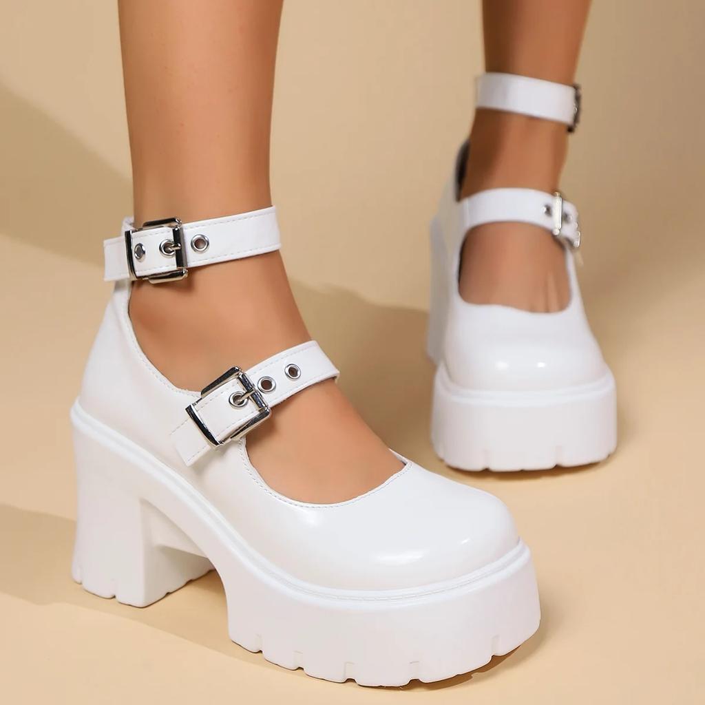 Gothic Chunky Platform Pumps for Women Super High Heels Ankle Strap Mary Jane Shoes Woman Patent Leather Thick Heel Pumps Ladies