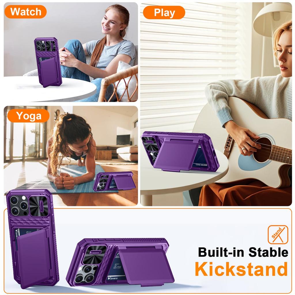With Card Holder Sliding Camera Cover And Stand For iPhone 16 Pro Max Phone Case, Anti-Fall PC+TPU Wallet Case-Purple