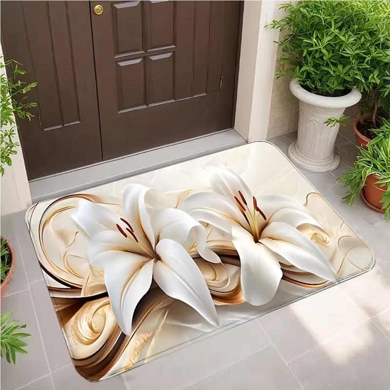 Luxury White Lily Doormat Golden Swirl Elegant Floral Modern Home Porch Decor Floor Mat