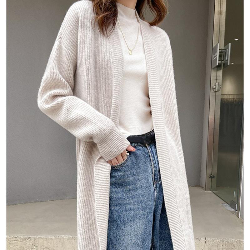 Вязаный женский кардиган осень-зима повседневный V-образный вырез средней длины пальто модный свободный однотонный офисный женский свитер