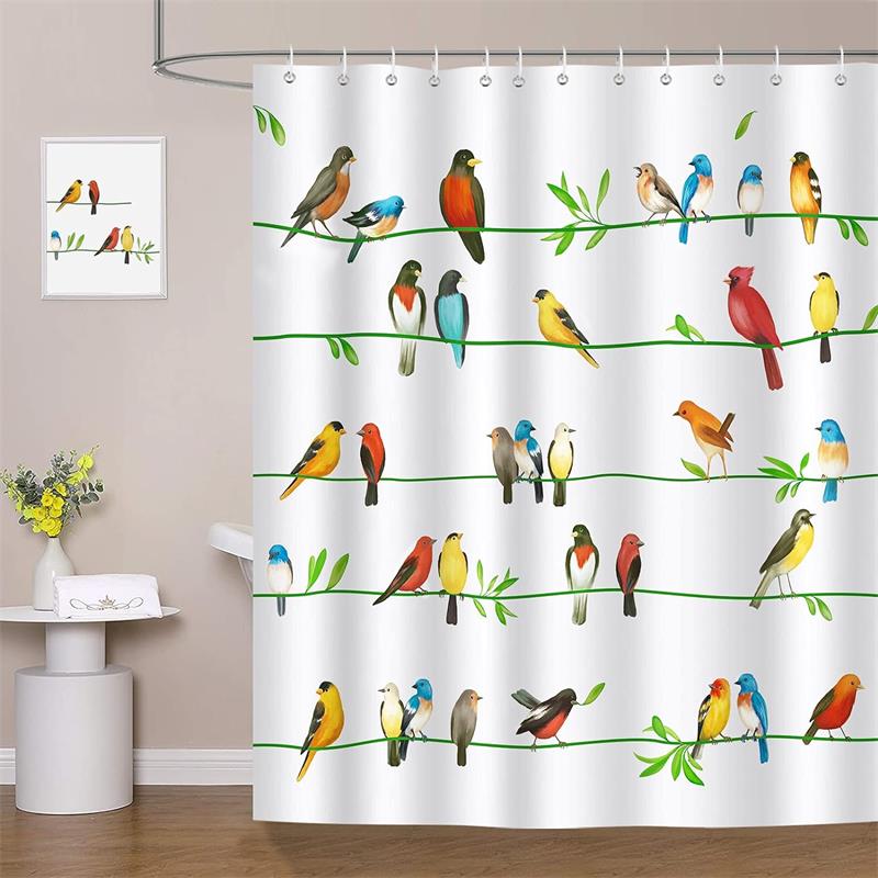 Bird Shower Curtains Colorful Birds On Tree With Green Leaves Farmhouse Bath Curtain Polyester Fabric Bathroom Decor With Hooks