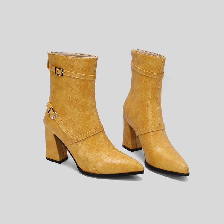 Большие размеры 49 50 женские ботинки из искусственной кожи крокодила с двойной пряжкой-молнией цвета красного вина, ярко-желтого, темно-синего цвета, на высоком каблуке