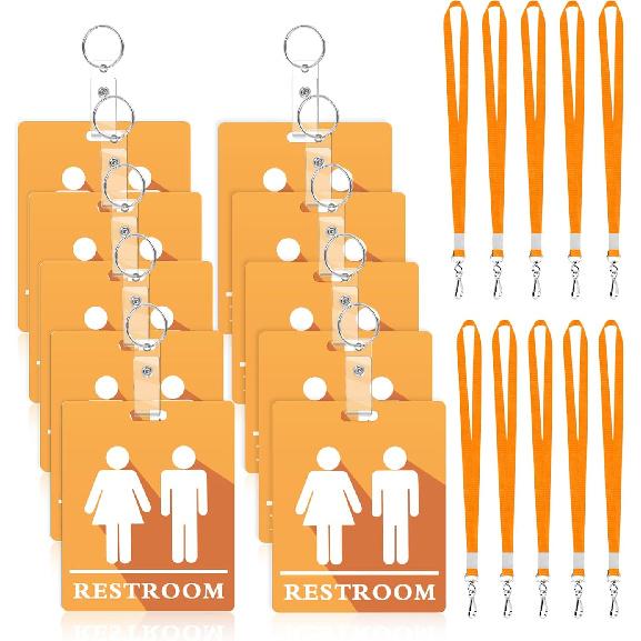 10 PCS Bathroom Passes for Classrooms Include Key Holder and Lanyard, Pink and Blue Bathroom Pass for Women Men, Bathroom Key Chain for Business