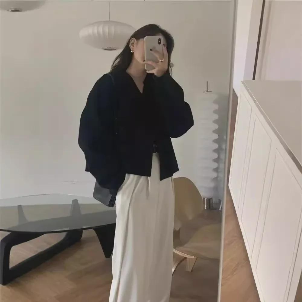 Корейский стиль осень/зима однотонное шерстяное пальто с V-образным вырезом свободного покроя