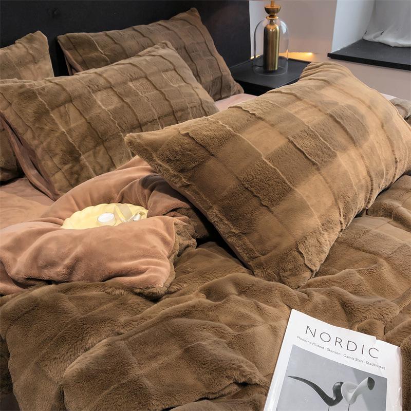 Solid Color Rabbit Fleece Four-Piece Set, Thickened Milk Fleece Bed Sheet Quilt Cover, Three-Piece Bed Set, Fleece Quilt Cover
