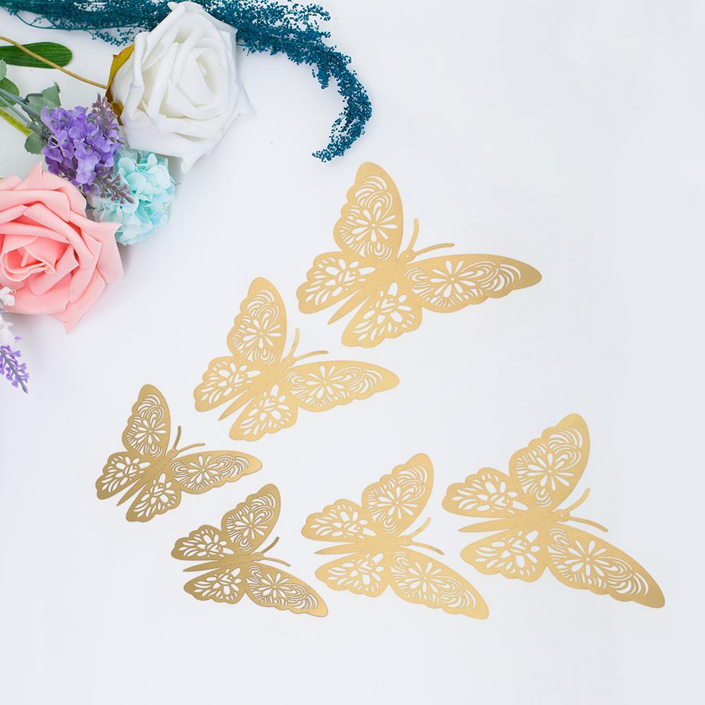 12pcs/set Vivid 3D Butterfly Wall Stickers Removable Mural Stickers DIY Art Wall Decals Decor with Glue for Bedroom Wedding Party--Gold