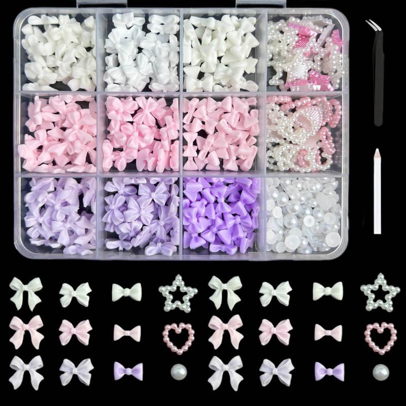 12Grids/Box Mixed Resin Bowknot Nail Charms 3D Colorful Bow Kawaii Rhinestone Nail Art Decorations DIY Manicure Parts Pen Tweeze
