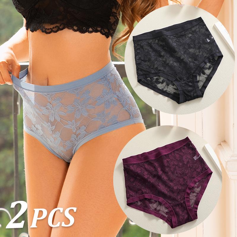 FINETOO 2Pcs Sexy Floral Lace Panties High Waist Lace Briefs Hollow Out See-Through Romantic Lingerie Fashionable Underpants Underwear