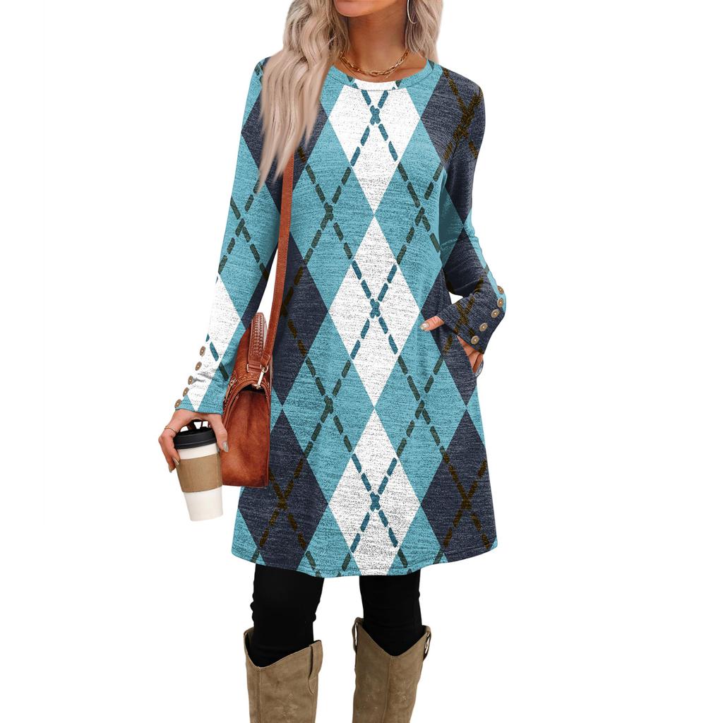 Женское модное повседневное платье с карманами, декоративными пуговицами, круглым вырезом и длинными рукавами